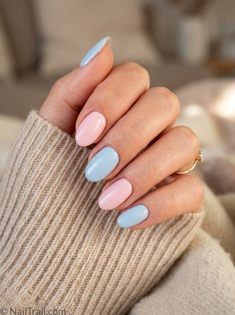 pink and blue nails mismatched baby pink baby blue oval glossy 2026