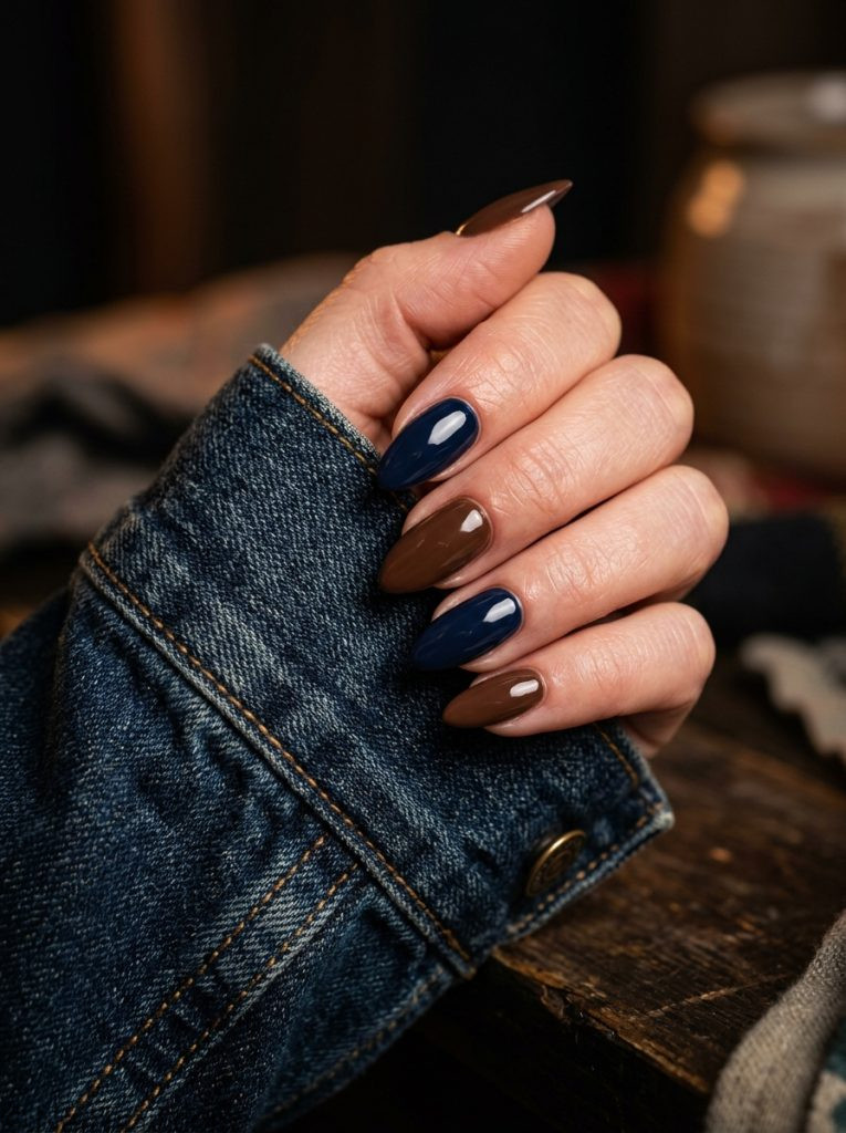 Close-up macro shot of a single elegant feminine hand wearing a denim jacket sleeve, with brown and blue mismatched gel nails — warm chocolate brown and deep navy blue alternating on almond shaped nails, glossy finish, realistic skin texture, moody warm studio lighting, photorealistic, 8k, salon quality manicure