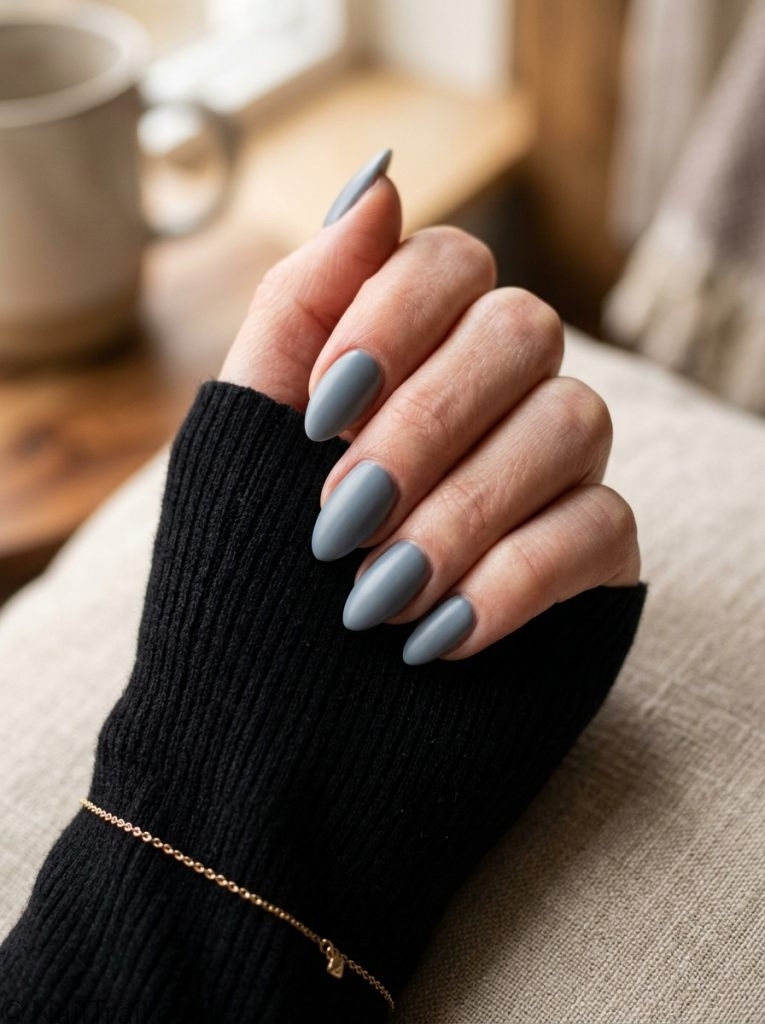 dusty blue nails almond satin muted grey blue 2026