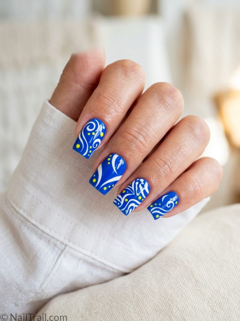 funky blue nails electric blue abstract swirl art square glossy 2026