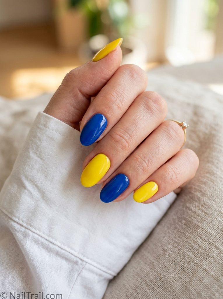 yellow and blue nails mismatched oval glossy 2026
