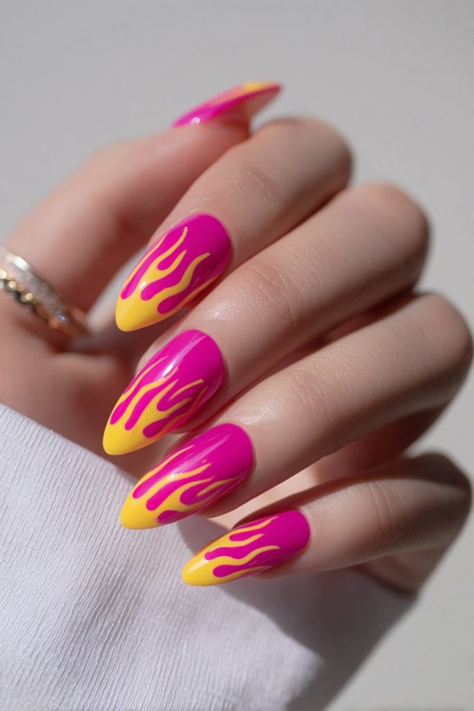Pink Nails with Yellow Flames