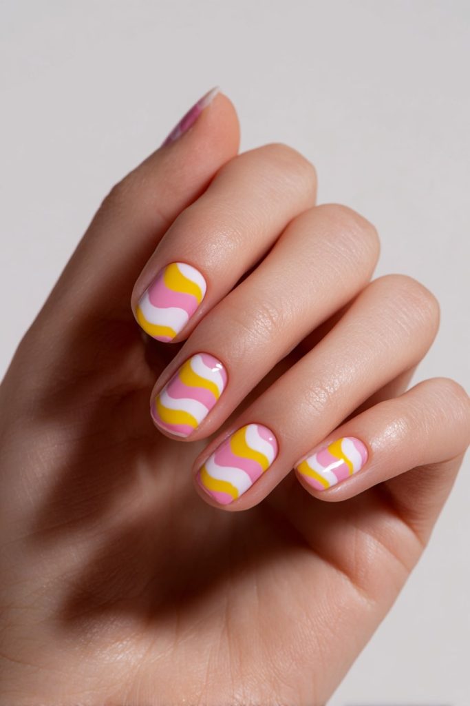 Wavy Pink and Yellow Nails