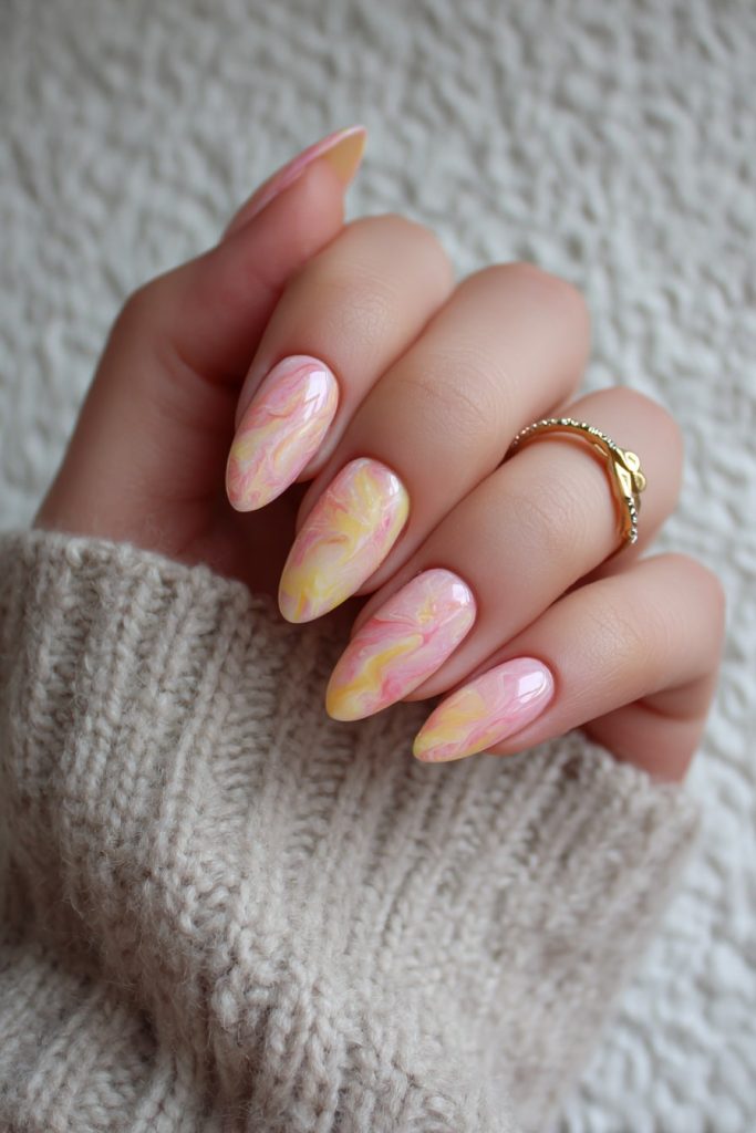 Pink & Yellow Marble Nails
