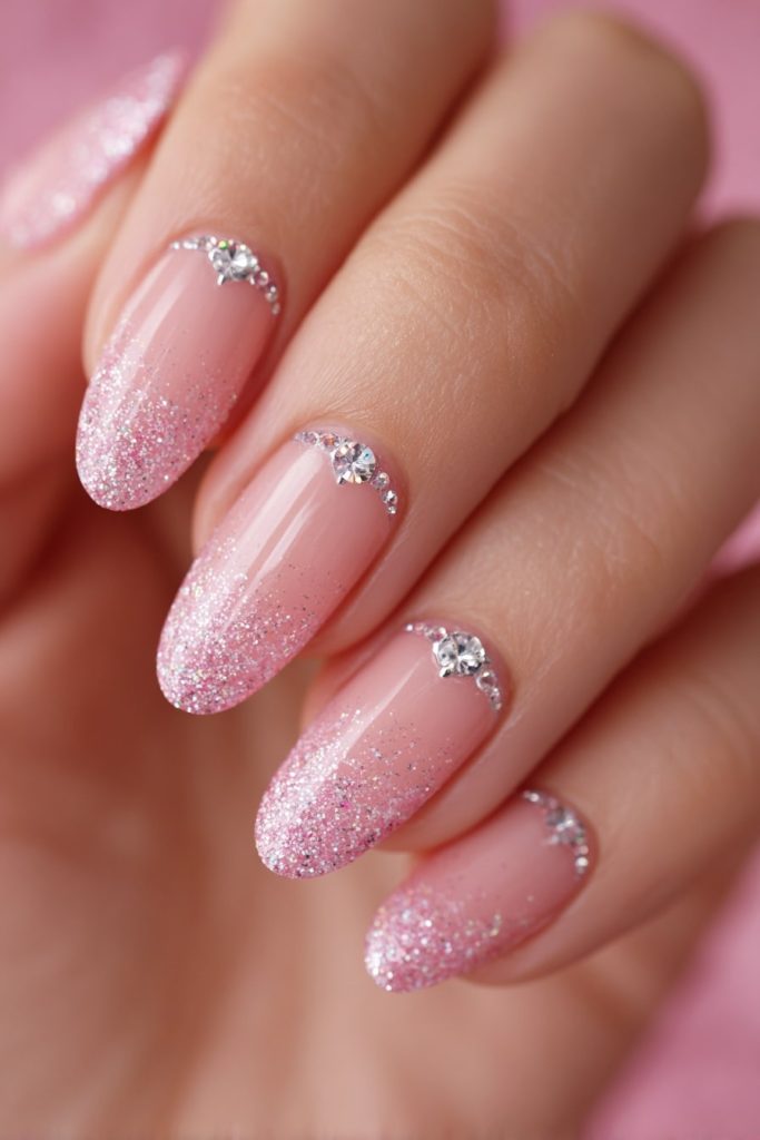 Glittered Pink Tips with Gemstone Charms