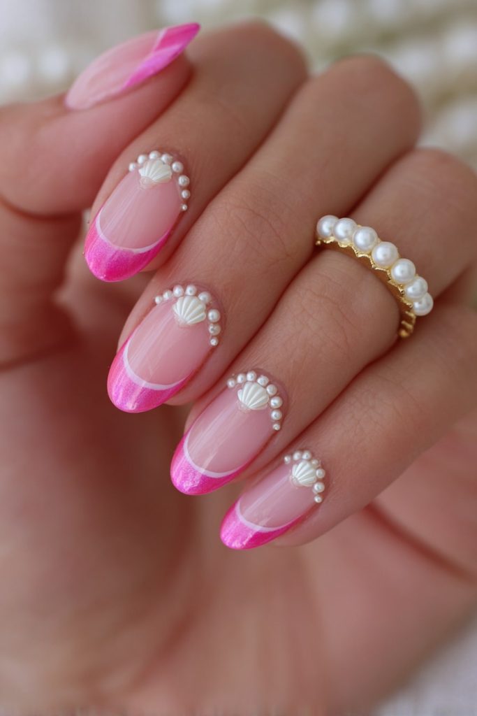 Iridescent Pink Tips with Shell and Pearl Charms