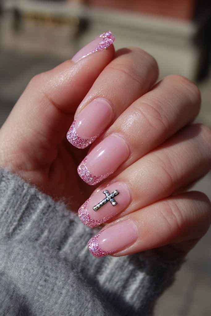Pink Glitter French Tips with Cross Charms