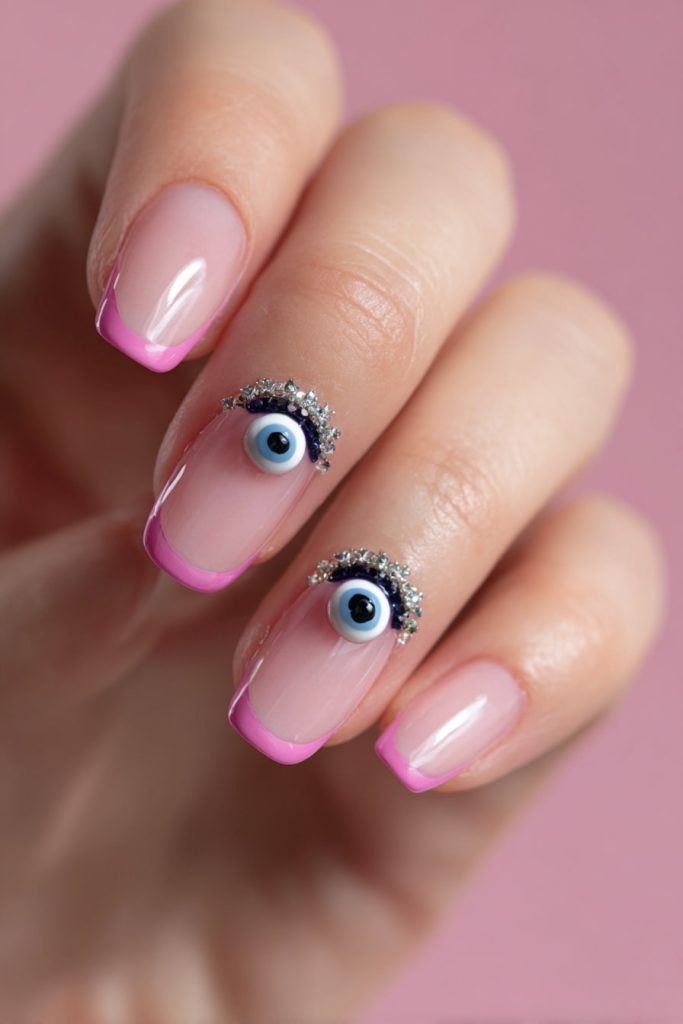 Pink French Tips with Evil Eye Charms