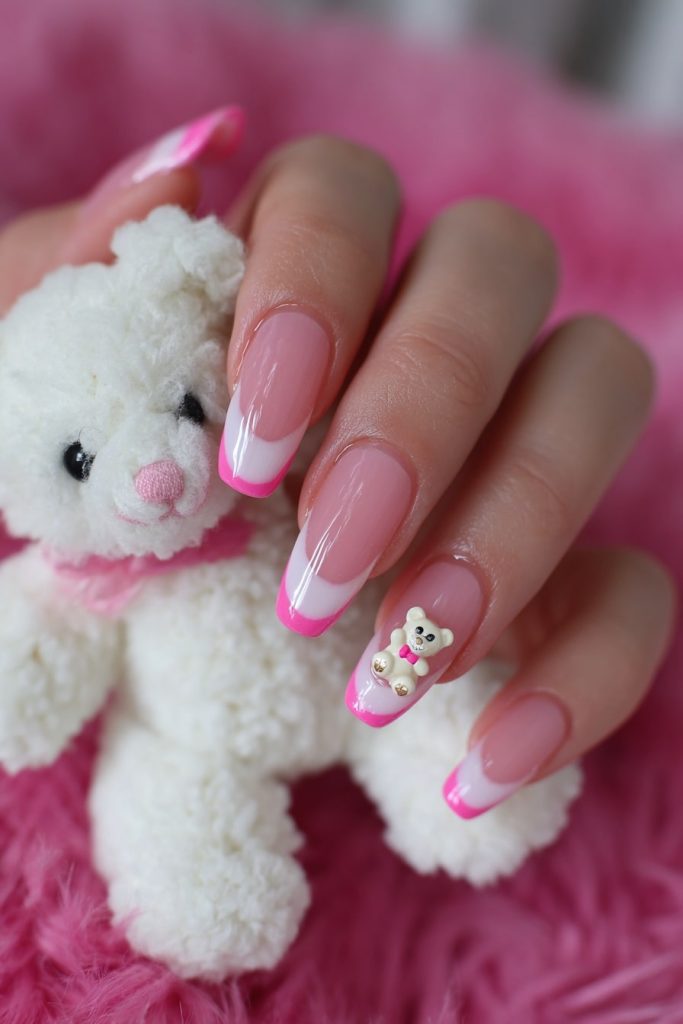 Pink French Tips with Mini Teddy Bear Charms