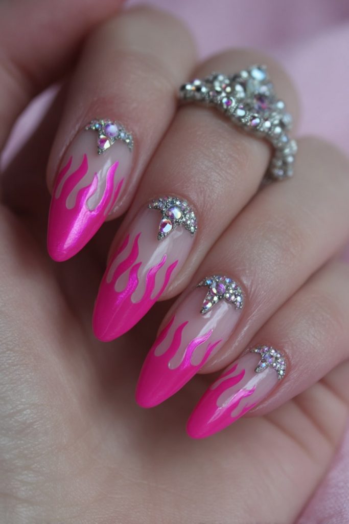 Pink Flame French Tips with Stud Charms