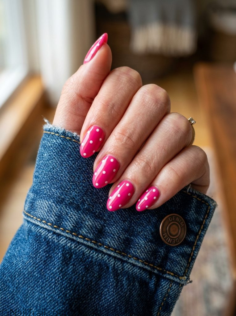 pink polka dot nails hot pink white dots almond glossy 2026