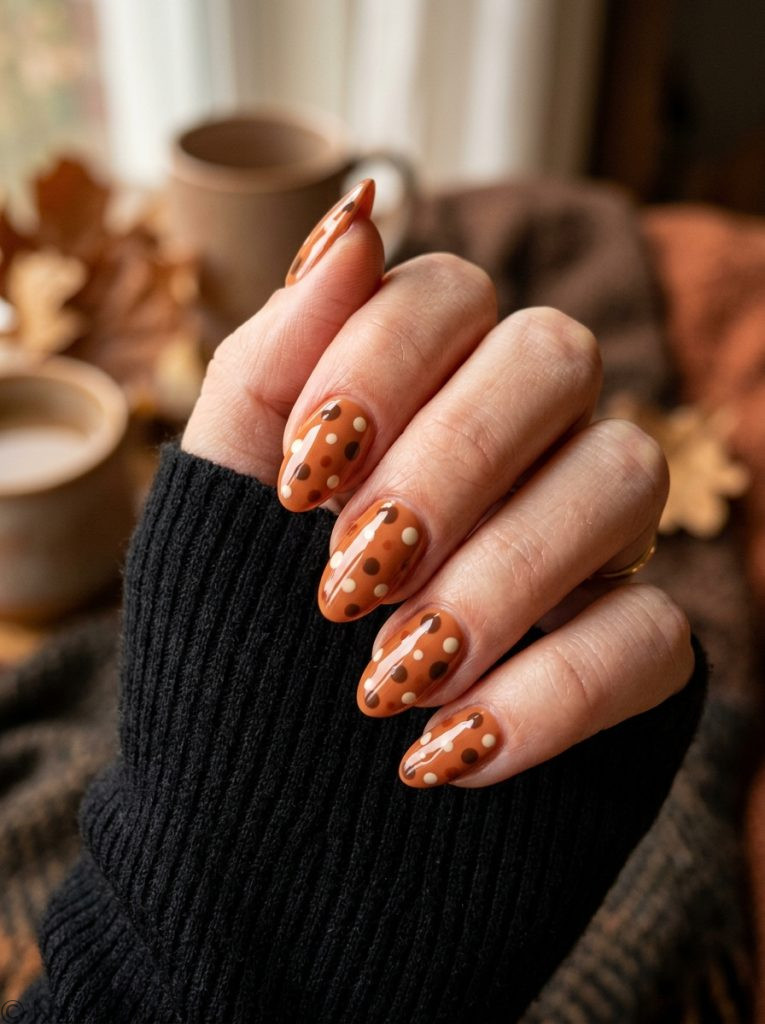fall polka dot nails terracotta brown cream dots almond glossy 2026