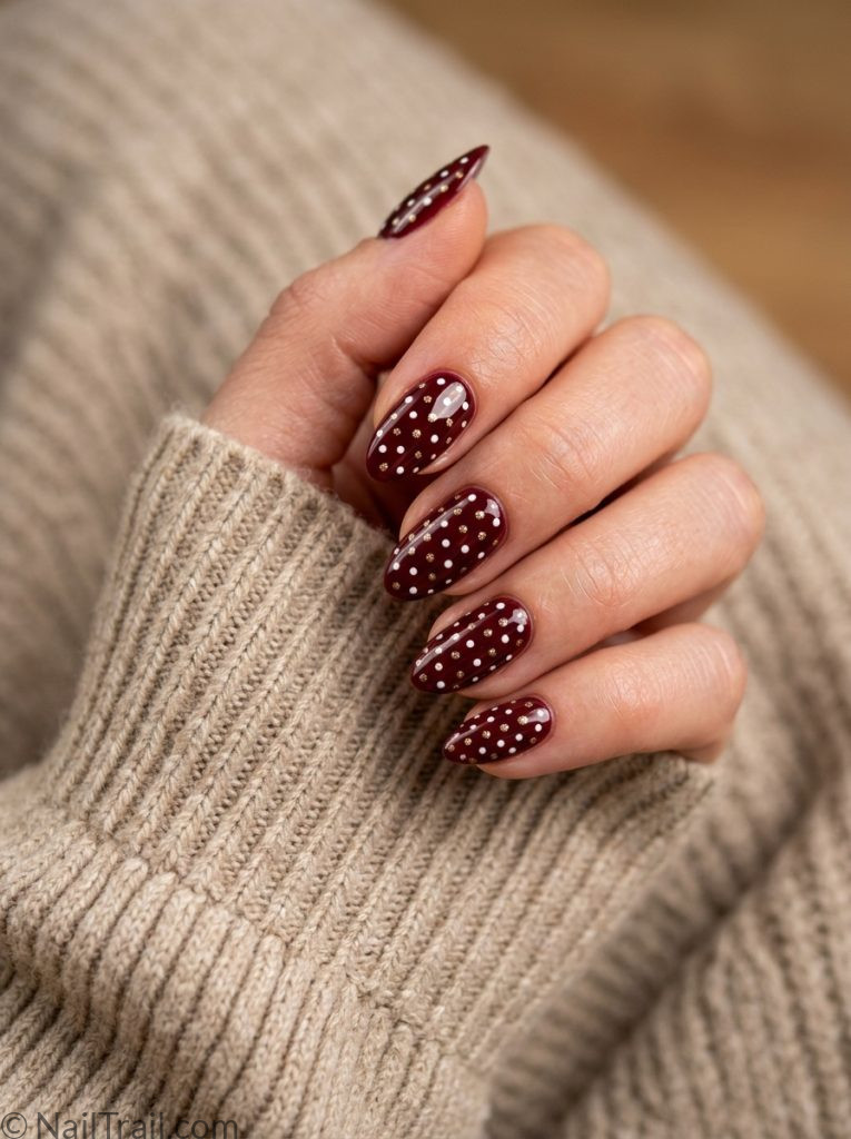 maroon polka dot nails deep white gold dots almond glossy 2026