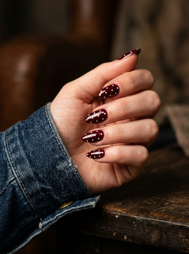  burgundy polka dot nails deep wine white dots almond glossy 2026