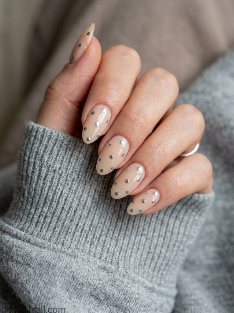 chrome polka dot nails nude silver mirror dots almond glossy 2026