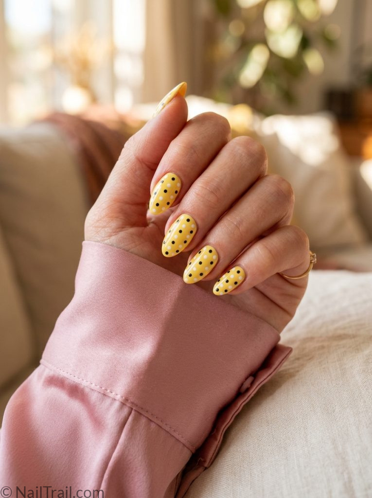 yellow polka dot nails butter yellow white black dots almond glossy 2026