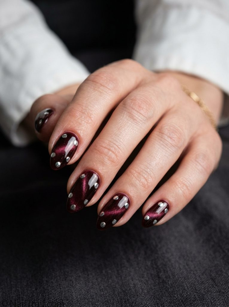 cat eye polka dot nails burgundy magnetic chrome dots almond glossy 2026