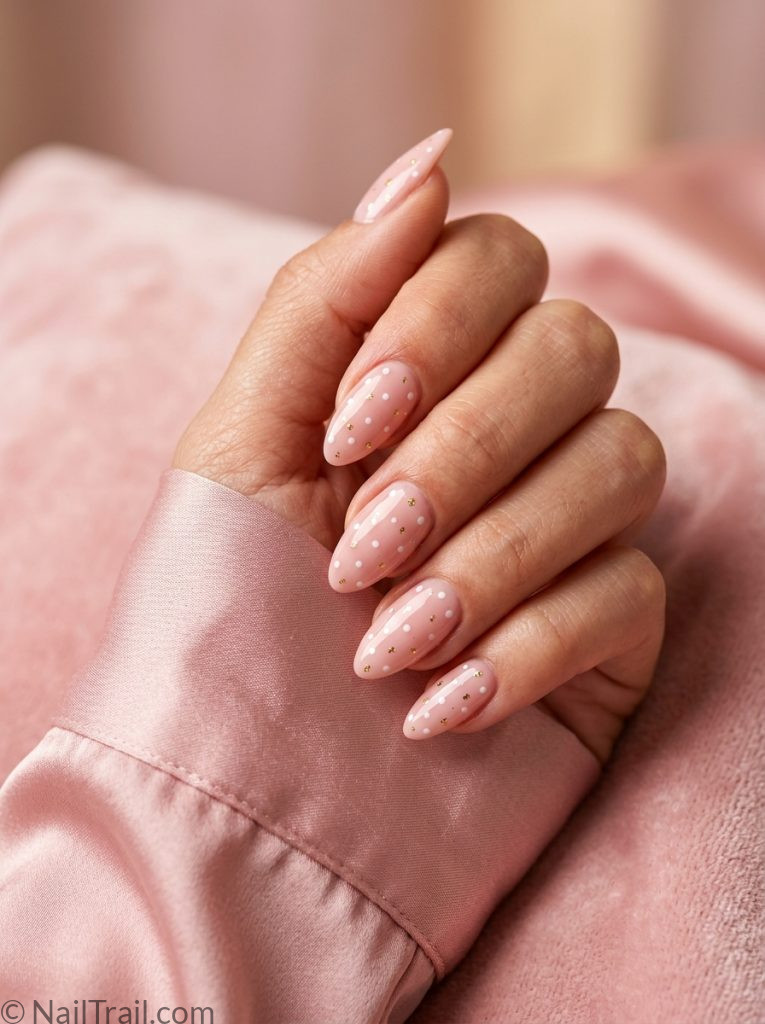 almond polka dot nails blush pink gold white dots glossy 2026