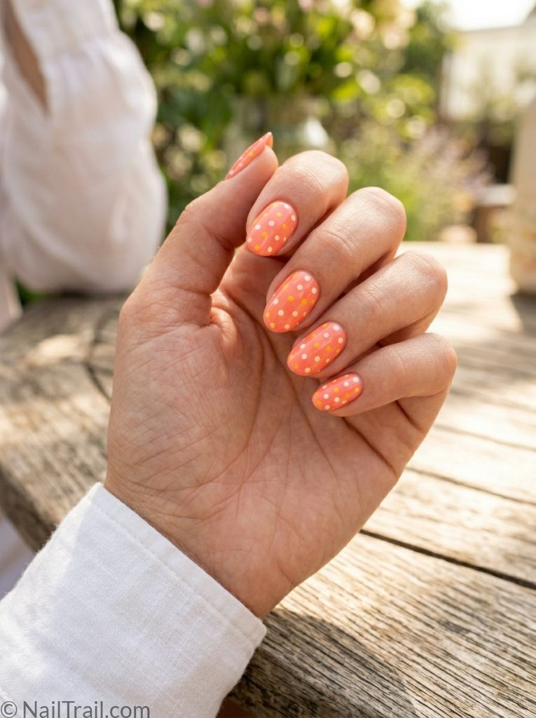 summer polka dot nails coral white yellow dots oval glossy 2026