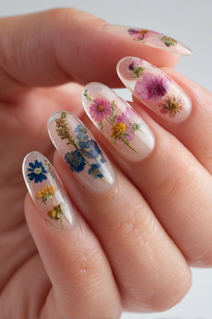 Clear Nails with Dried Flowers
