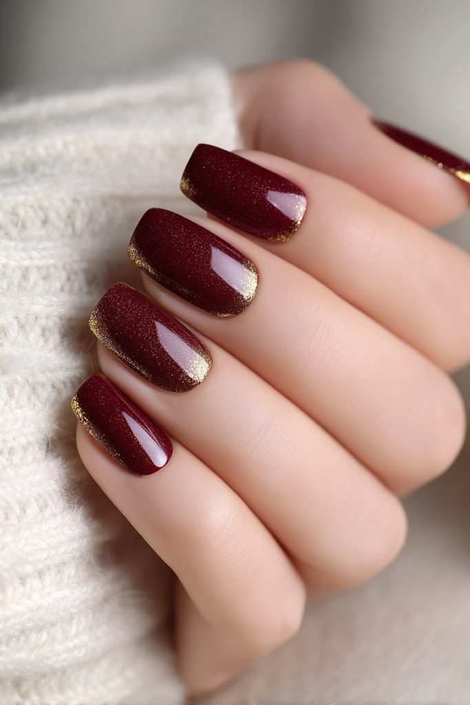 Burgundy and Gold Nails