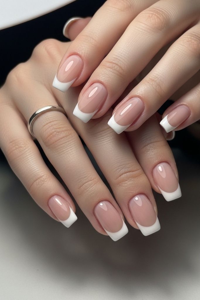 Classic white tip French dip powder nails on nude base