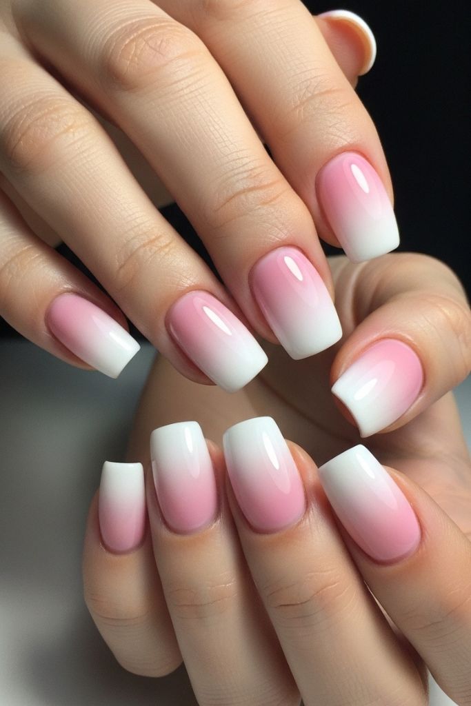 Pink to white ombre dip powder nails, smooth gradient finish