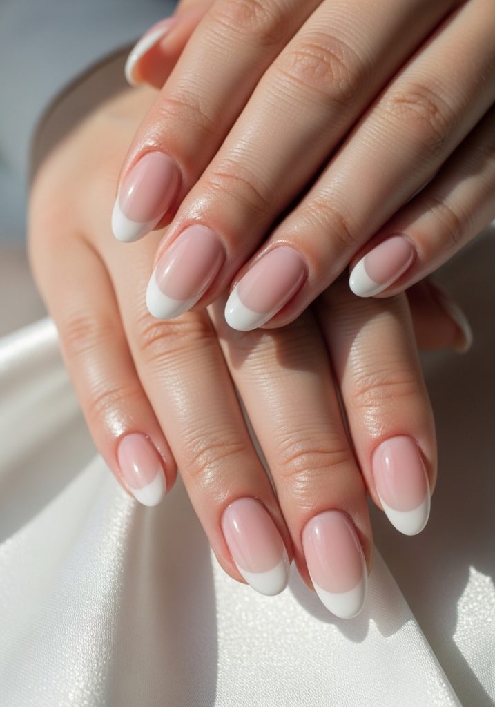 Medium oval shaped blush to white seamless ombre French tip prom nails on white satin