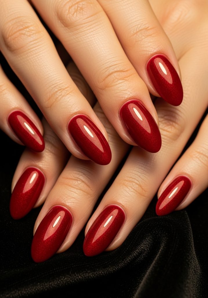  Classic deep red glossy almond shaped prom nails on dark velvet background