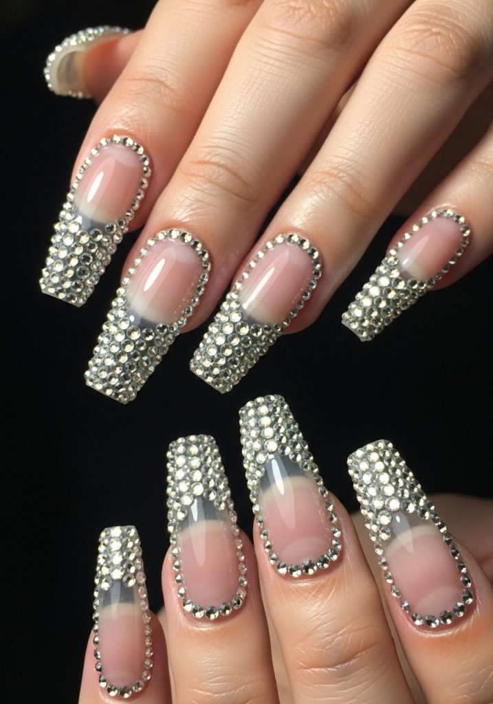 Long coffin shaped clear gel prom nails with dense crystal rhinestone tips sparkling under studio light