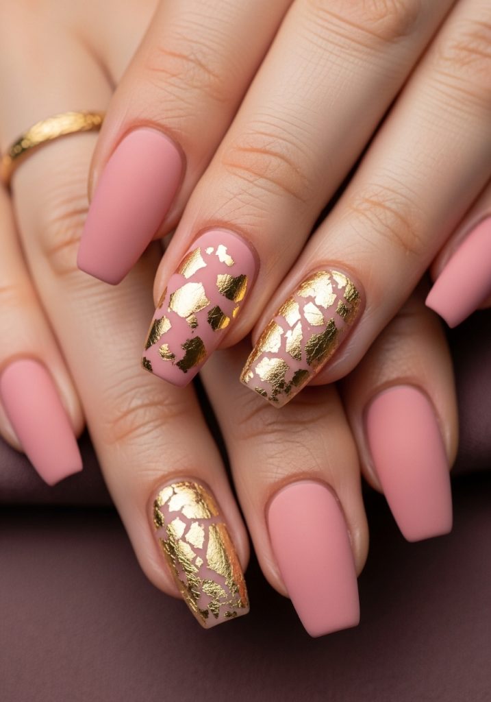 Medium coffin shaped dusty rose matte prom nails with scattered gold foil accent details
