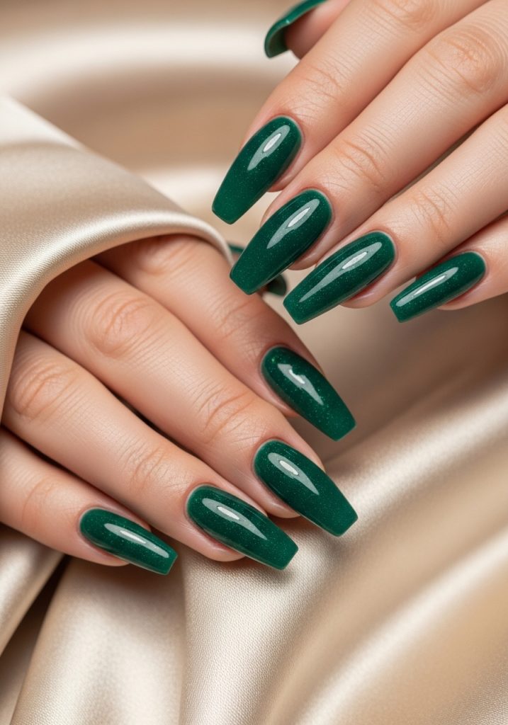  Long coffin shaped rich emerald green glossy prom nails on champagne silk fabric