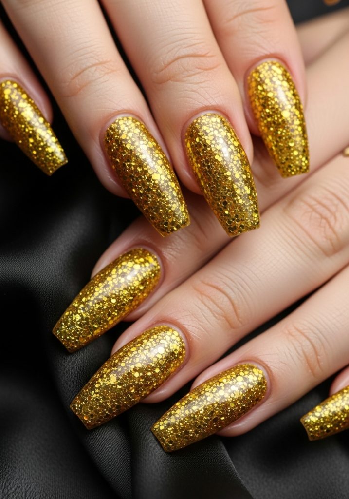  Long coffin shaped nails covered in dense chunky gold glitter for a luxe prom look