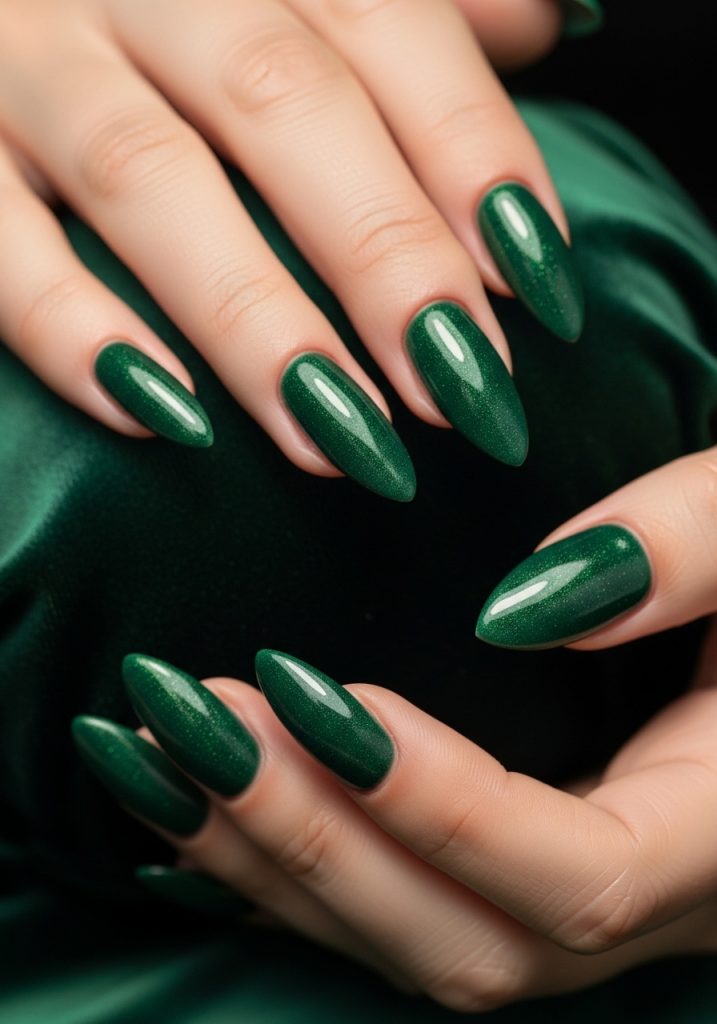  Long almond shaped rich jade green gel prom nails with subtle chrome shimmer on dark green velvet