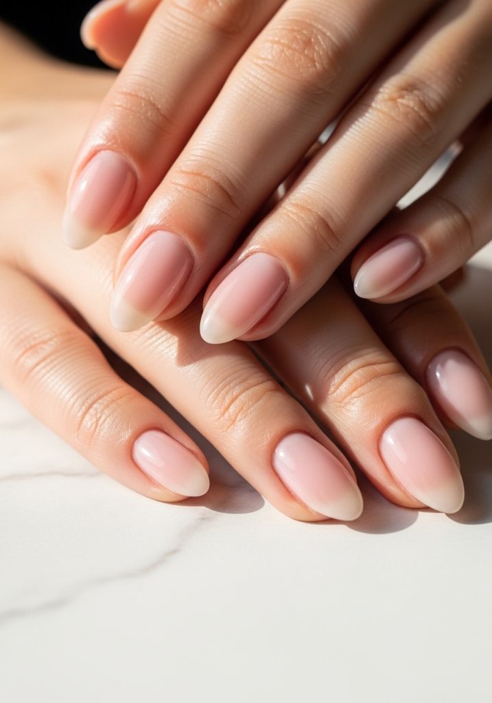 Short almond shaped milky pink sheer glass finish prom nails with translucent jelly texture