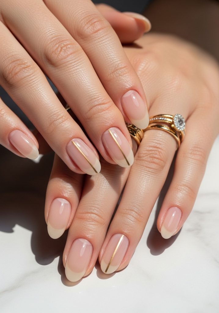 Short almond shaped sheer nude prom nails with delicate single thin gold line nail art accents