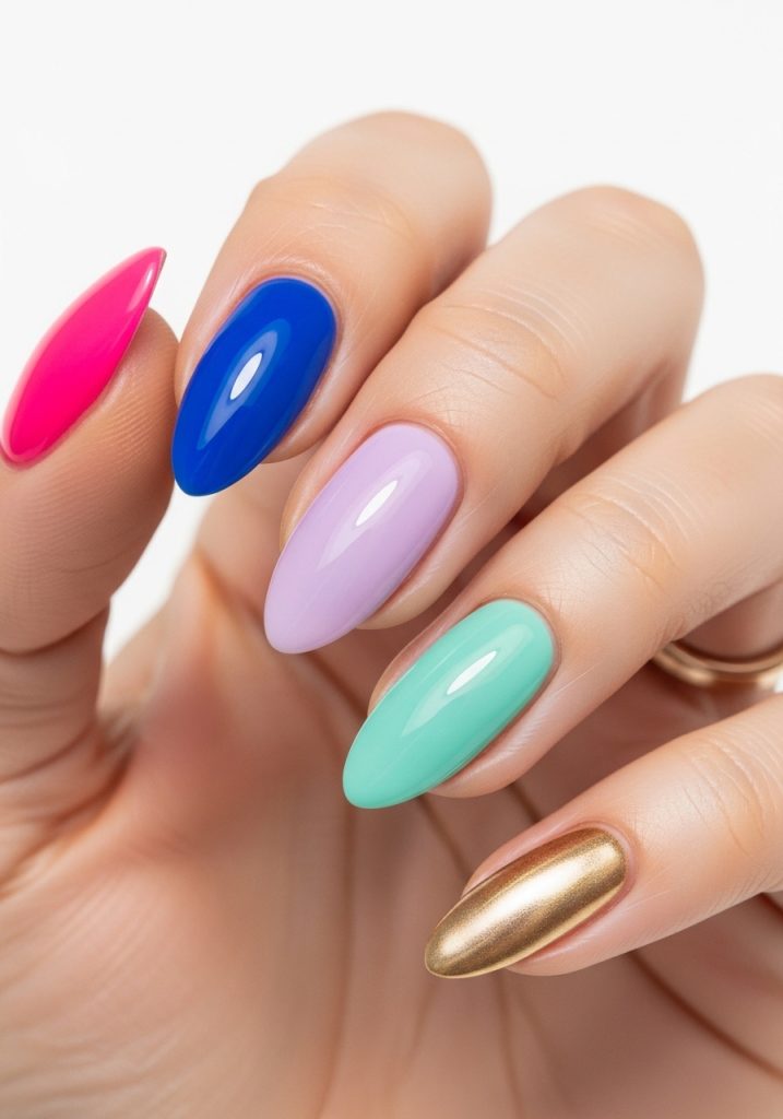 Medium almond shaped mismatched colorful prom nails in pink blue lavender mint and gold each nail different color
