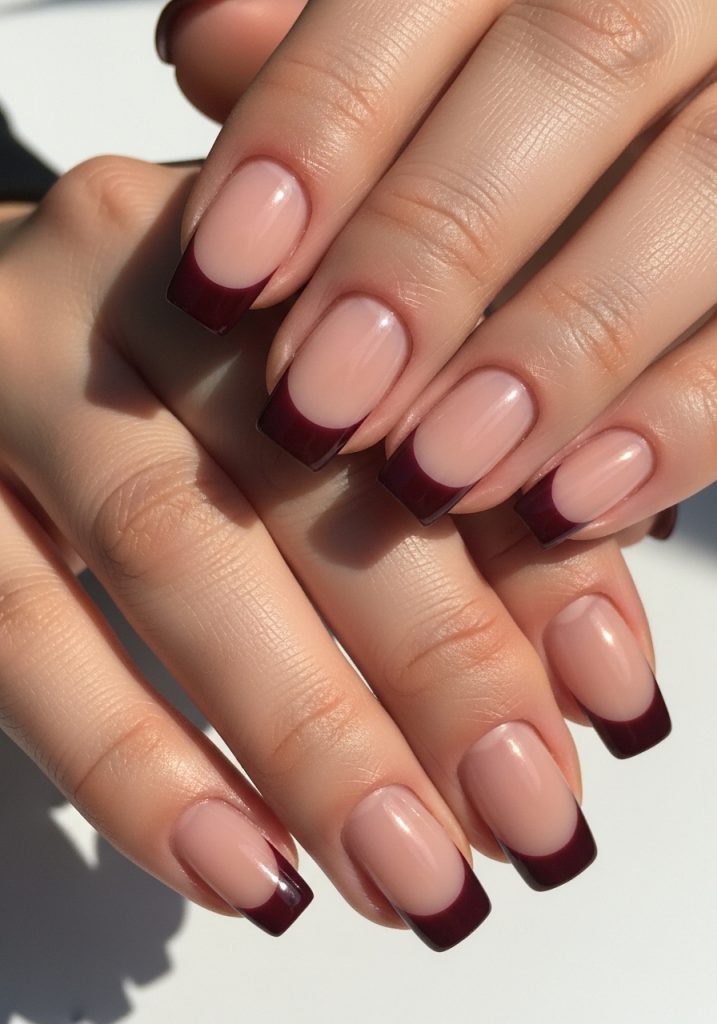 Nude nails with burgundy French tips and a clean crisp line, glossy finish