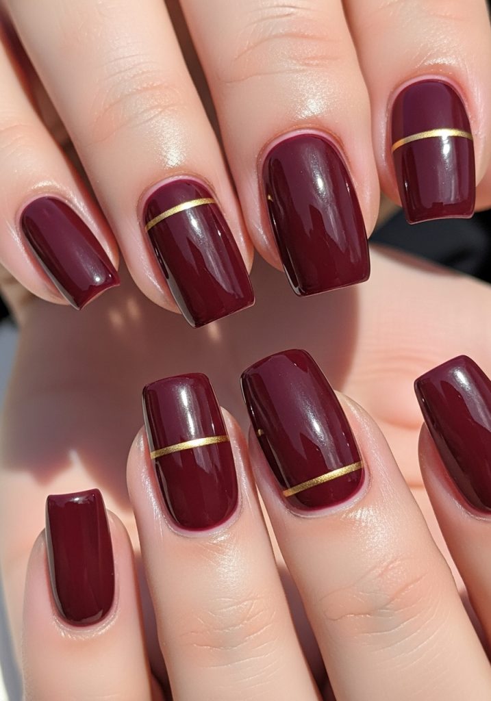 Burgundy nails with a thin gold horizontal line detail near the cuticle on accent fingers