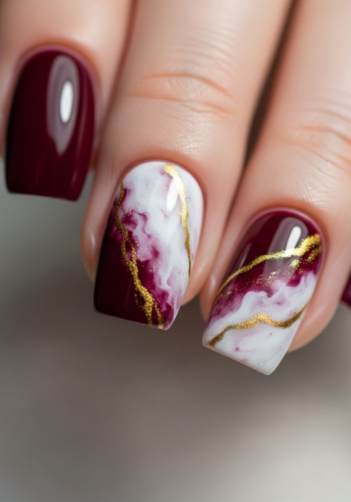 Burgundy nails with white and gold marble vein pattern and high gloss finish
