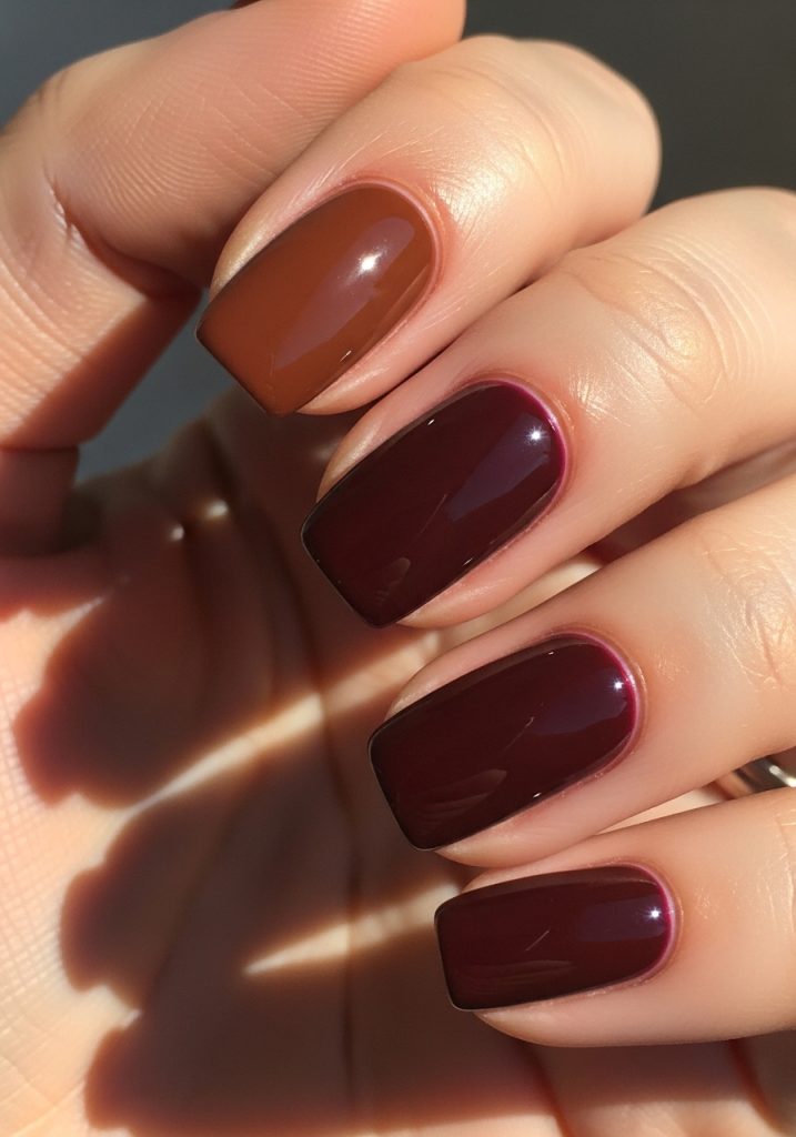 Alternating brown and burgundy nails on both hands with glossy finish