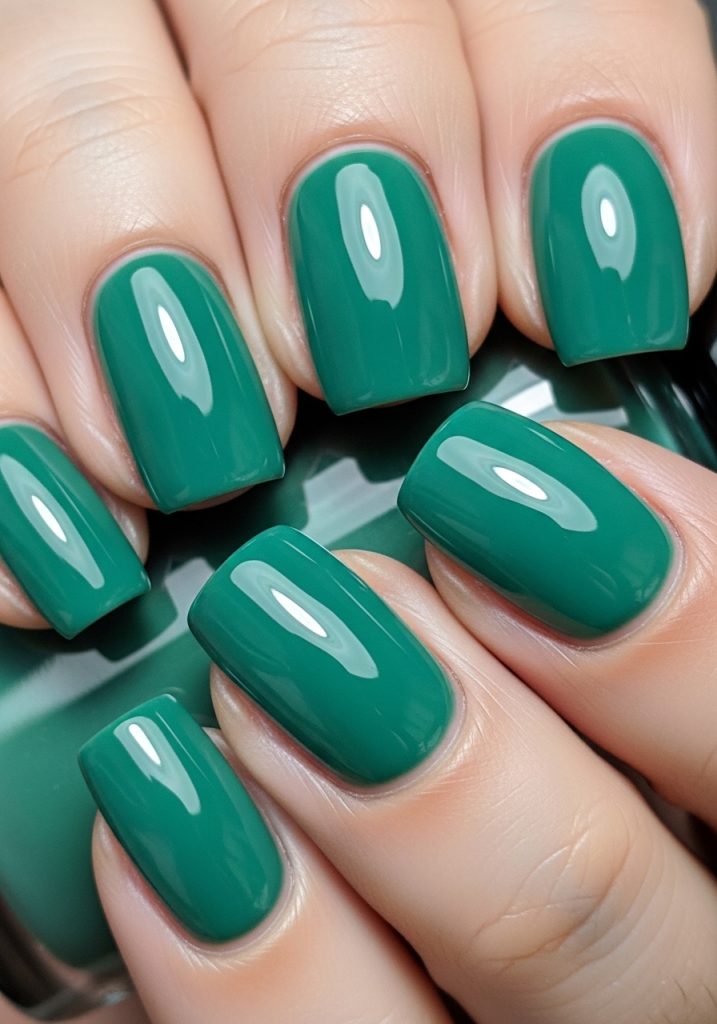 All ten nails painted in classic glossy jade green with a high-shine finish