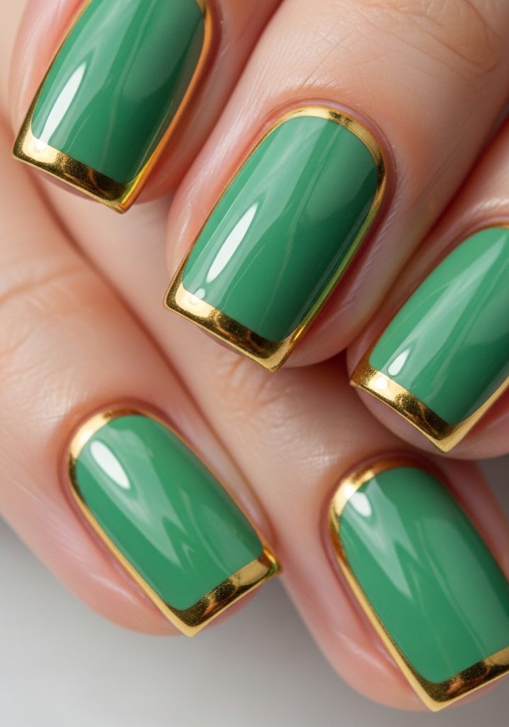 Jade nails with a thin gold border framing the nail with negative space edges