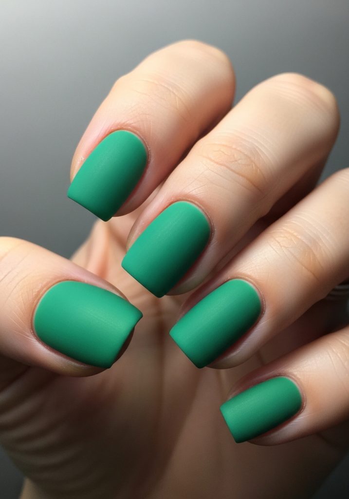 Jade green nails with a satin matte finish showing a soft subtle sheen