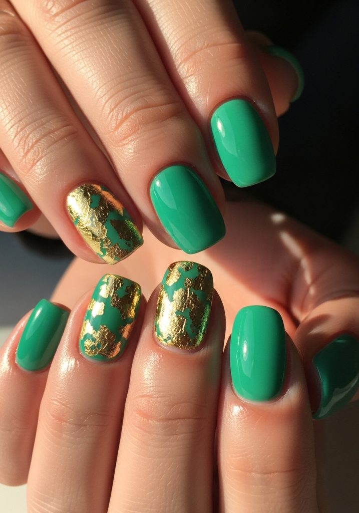 Jade green nails with gold foil accents on two fingers, glossy finish