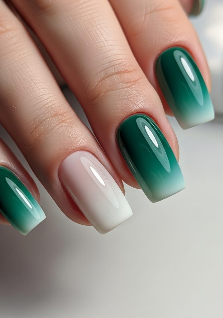 Nails with jade to white ombre gradient, smooth transition with glossy finish