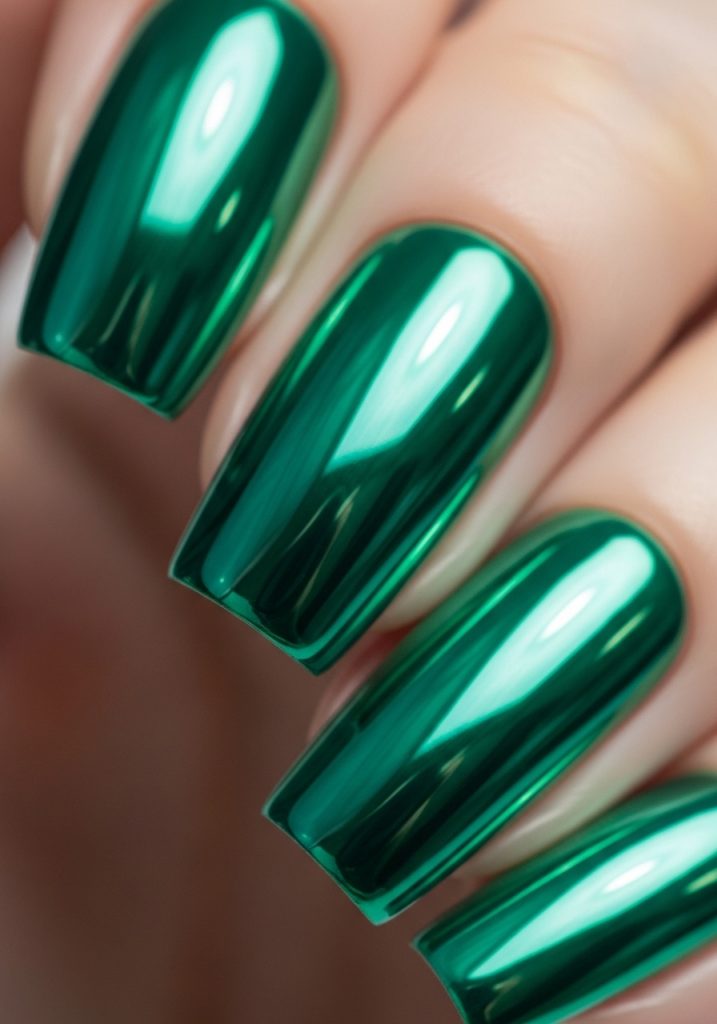 Jade green chrome nails with a mirror-like metallic finish under bright light