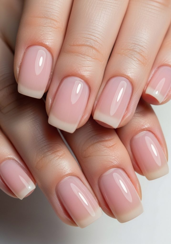 All ten nails in a soft sheer pink milky shade with a glossy barely-there finish
