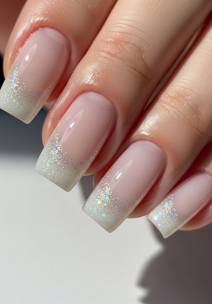 Milky white nails with fine iridescent glitter at the tips and sheer milky base