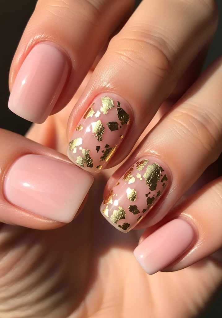 Pink milky nails with small gold foil accents on two fingers, glossy finish